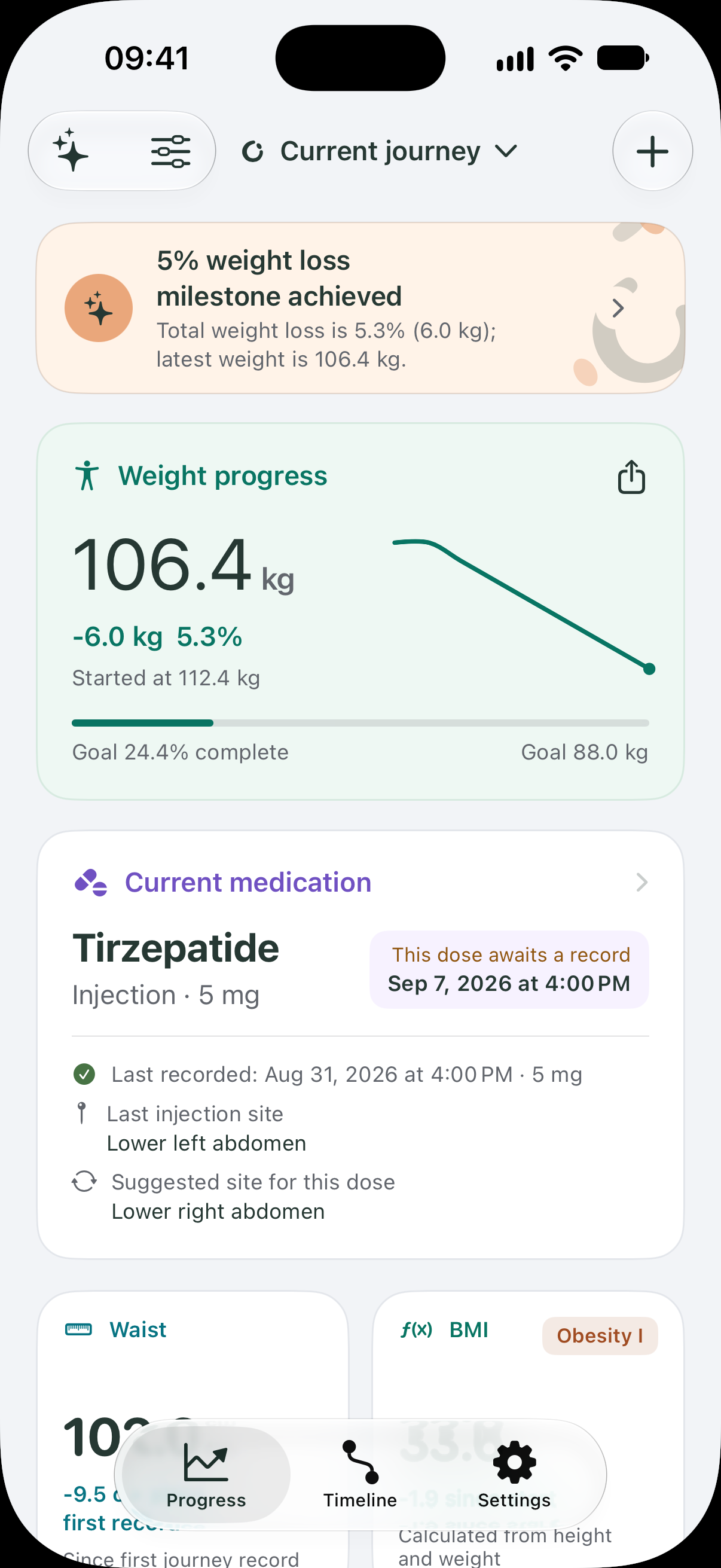 Bodori Progress screen showing a fictional journey, weight trend and current medication.